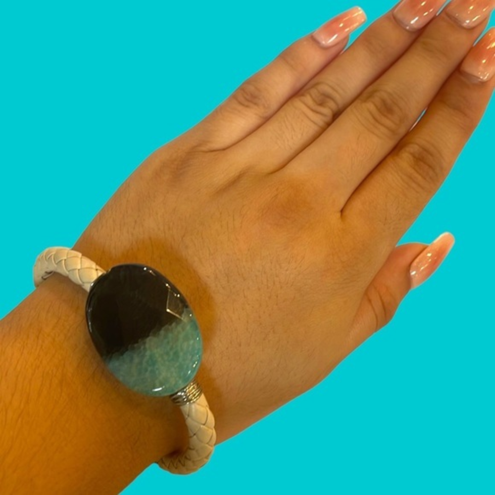 CREAM WOVEN LEATHER MAGNETIC BRACELET WITH‎ 1.5inch BLACK BLUE STONE HANDWIRED